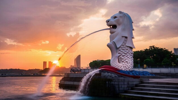 Foto merlion ao pôr-do-sol