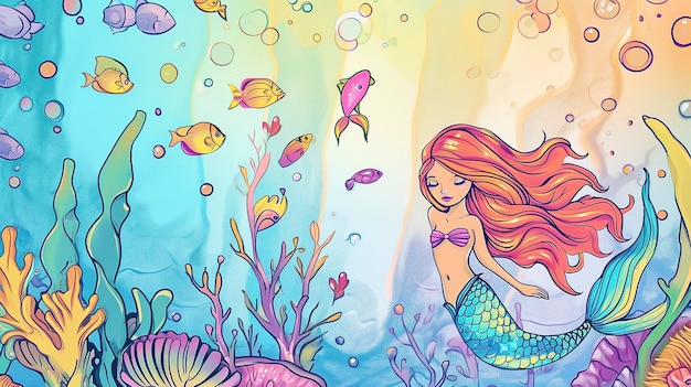 Foto mermaid painting with colorful fish and corals under the sea