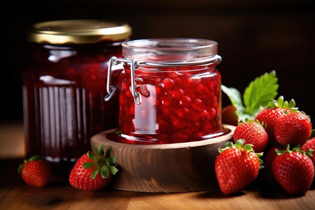 Mermelada casera de fresa y grosella roja en frascos de vidrio