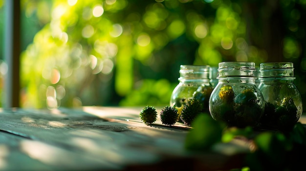 Foto mermelada con conos verdes en un frasco foco selectivo