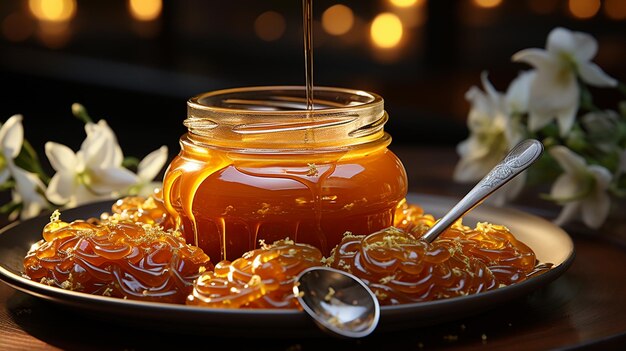 mermelada dulce con flores en una mesa de madera