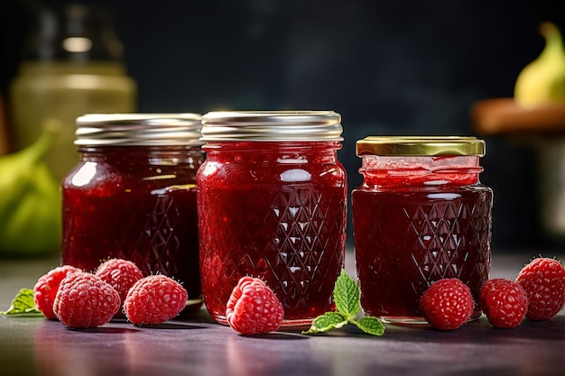 Mermelada de frambuesa con bayas en una cocina moderna Fondo oscuro