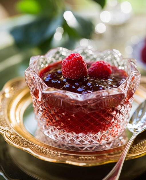 Mermelada de frambuesa y frambuesas en un cuenco de cristal comida de campo e inglés idea de receta para el menú blog de comida y inspiración de libro de cocina