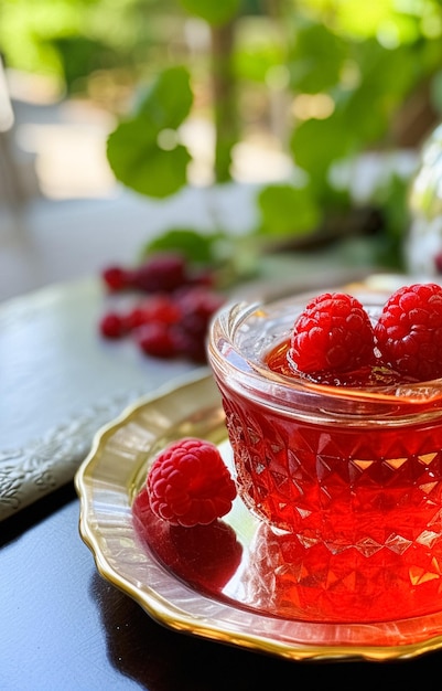 Mermelada de frambuesa y frambuesas en un cuenco de cristal, idea de receta inglesa y comida campestre para blog de comida de menú e inspiración para libros de cocina