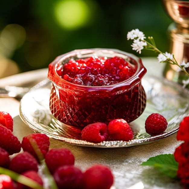 Mermelada de frambuesa y frambuesas en un cuenco de cristal, idea de receta inglesa y comida campestre para blog de comida de menú e inspiración para libros de cocina