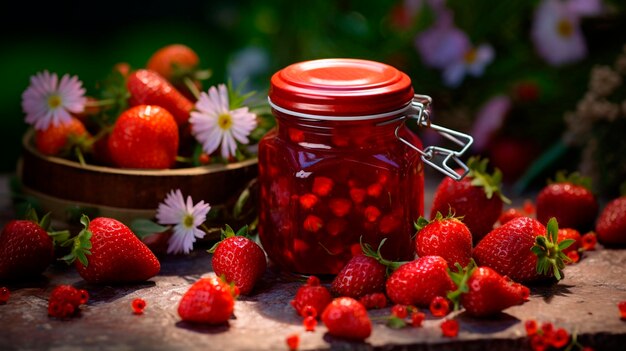 Mermelada de fresa en un frasco IA generativa