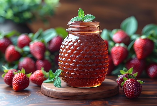 Mermelada de fresa en frasco de vidrio en una mesa de madera