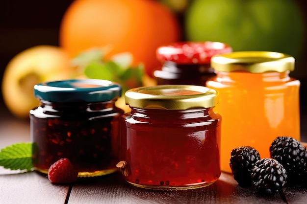 mermelada de frutas en la mesa de la cocina fotografía profesional de alimentos Generado por IA