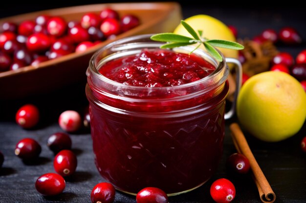 Mermelada de grosella roja en frasco de vidrio