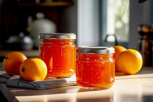 mermelada de naranja en un frasco de vidrio naranjas frescas en un fondo de hormigón gris