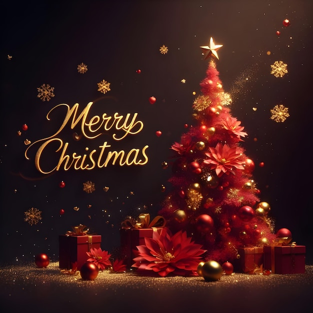 MERRY CHRISTMAS ein roter Weihnachtsbaum mit goldenen Blumendekorationen und Schneeflocken