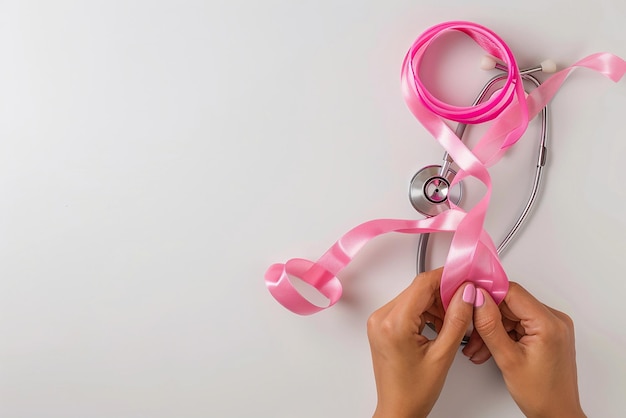 Mês de conscientização sobre o câncer de mama Com a mão segurando fita rosa e estetoscópio
