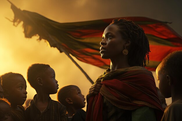 mes de la historia negra africanos en la calle de una gran ciudad gente de unidad nacional con bandera.