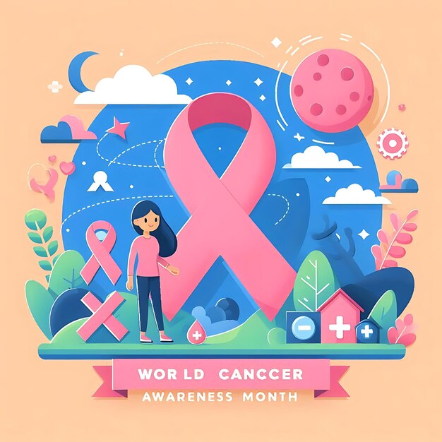 Foto el mes mundial de concienciación sobre el cáncer de mama medios sociales plantilla de publicación de dibujos animados plano vector de fondo