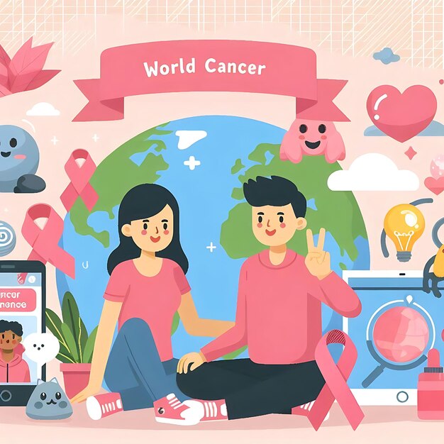 Foto el mes mundial de concienciación sobre el cáncer de mama medios sociales plantilla de publicación de dibujos animados plano vector de fondo