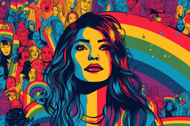 Mes del orgullo e ilustración de conciencia LGBTQ Retrato de mujer de arco iris colorido IA generativa