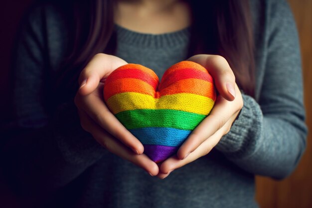 Mes del orgullo LGBT colorido símbolo de corazón en una mano de mujer ai generativo