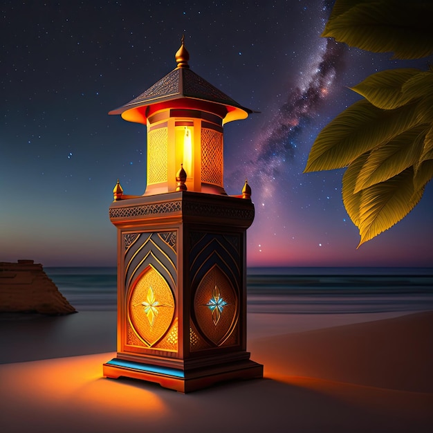 Mês sagrado muçulmano Ramadan Kareem Lanterna árabe ornamental com vela acesa brilhando à noite