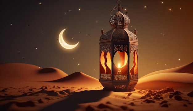 Mês Sagrado Muçulmano Ramadan Kareem Ornamental Lanterna Árabe Com Vela Ardente Brilhando com a Lua em
