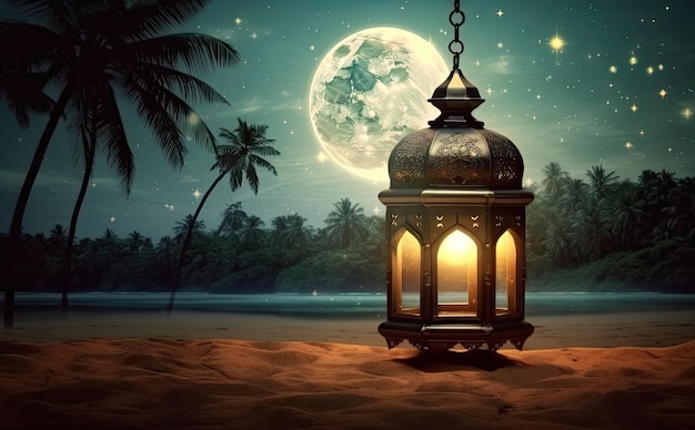 Mês Sagrado Muçulmano Ramadan Kareem Ornamental Lanterna Árabe Com Vela Queimando Brilhando À Noite