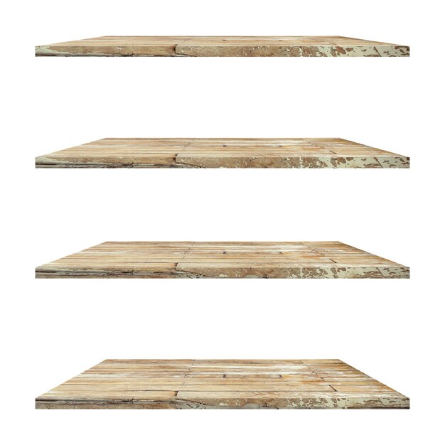 Mesa de 4 estantes de madera vieja aislada sobre fondo blanco y montaje de exhibición para producto.
