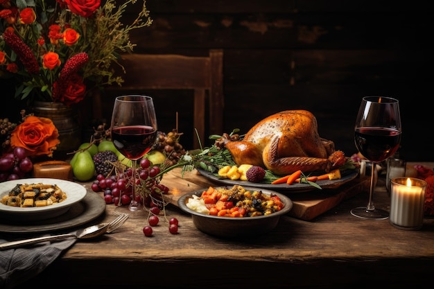 Una mesa abundante llena de platos de comida apetitosa y un succulent pavo que hará que su boca agua rústica cena de acción de gracias AI generado AI generado