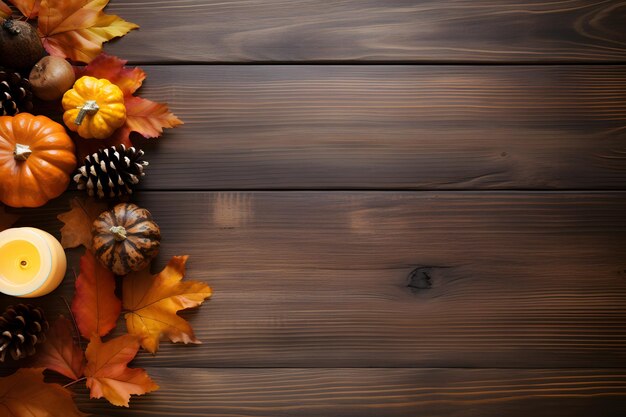 Mesa de Acción de Gracias con hojas de otoño y madera