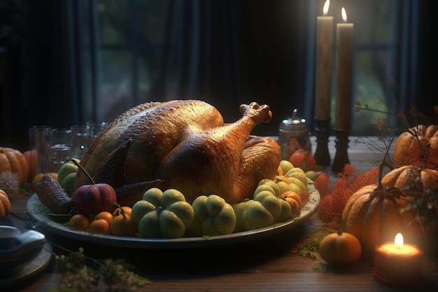 Una mesa de acción de gracias con un pavo y una vela.