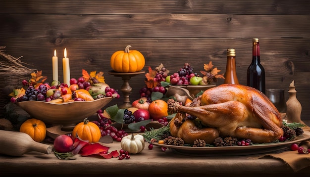 una mesa de Acción de Gracias con un pavo y una vela