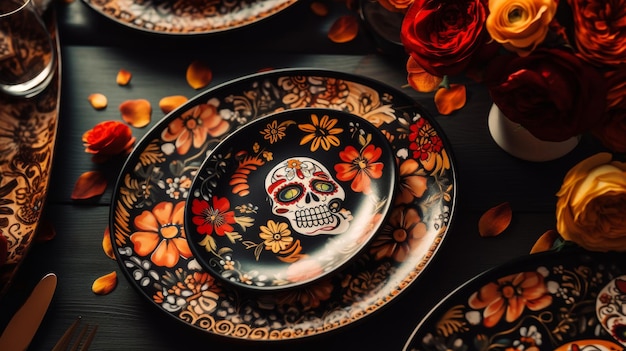 Mesa adornada com pratos cobertos de flores