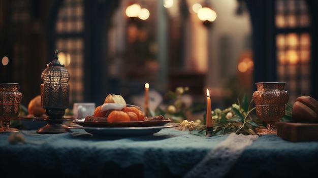 Mesa adornada com um prato de comida e velas tremeluzentes Ramadan