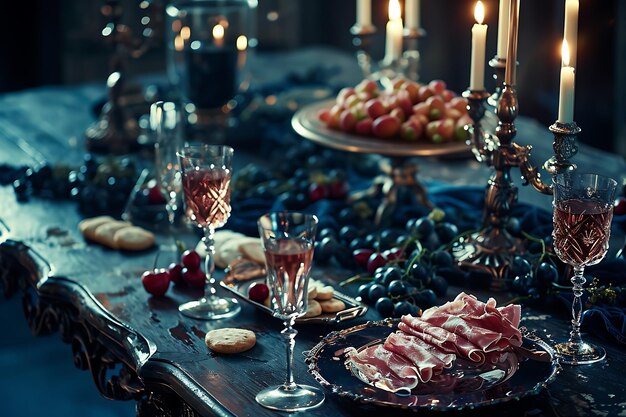 Foto mesa adornada con copas de vino y aperitivos