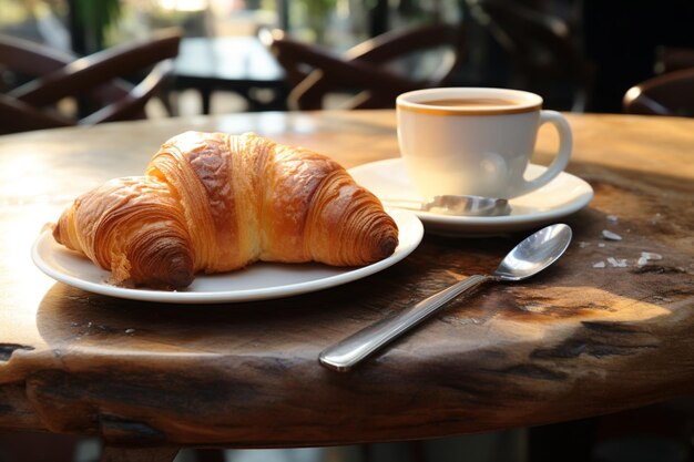 Una mesa adornada con un croissant escamoso y café humeante