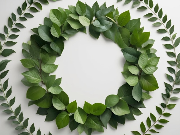 Foto una mesa adornada con hojas verdes frescas dispuestas en un patrón circular