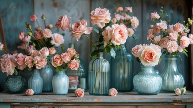 Una mesa adornada con jarrones de flores rosadas