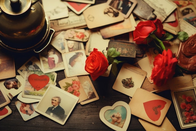 Foto una mesa adornada con numerosas fotografías y una variedad de flores coloridas. postales antiguas del día de san valentín esparcidas sobre una mesa de madera generada por ia.