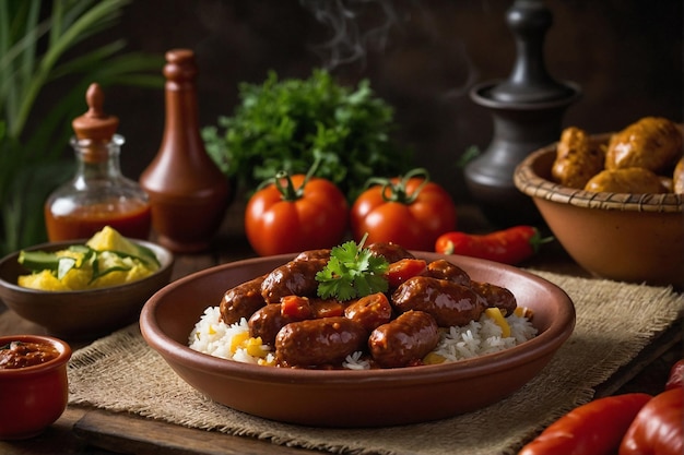 Foto la mesa está adornada con platos de comida y cuencos de salsa