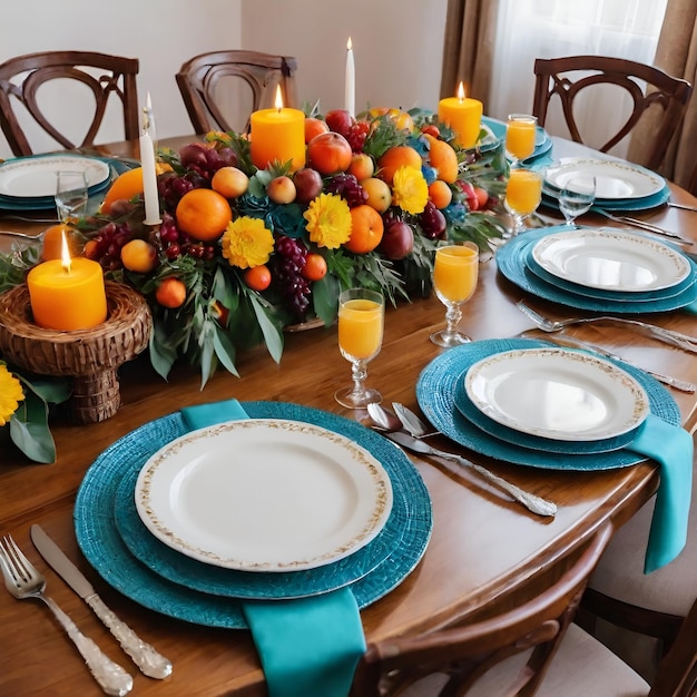 Mesa adornada con platos de vajilla velas y frutas para un entorno elegante