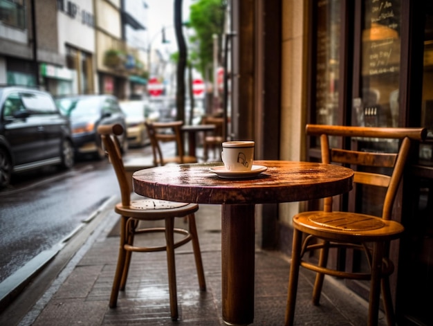 Una mesa afuera de un café con una taza de café encima