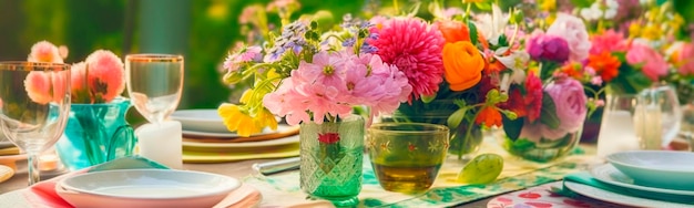 Mesa al aire libre bellamente decorada con platos, vasos y flores para un picnic de primavera Generative Ai