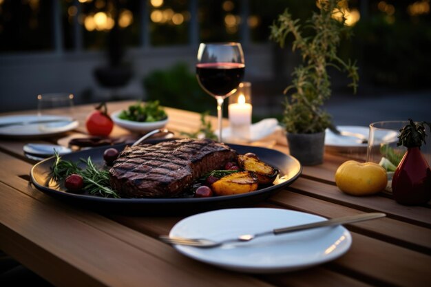 Foto mesa al aire libre con filete a la parrilla listo para servir