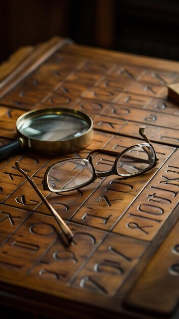 Mesa alfabética con lupa y gafas