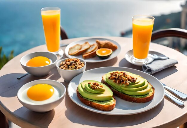 una mesa con alimentos para el desayuno que incluyen aguacate aguacate y jugo de naranja