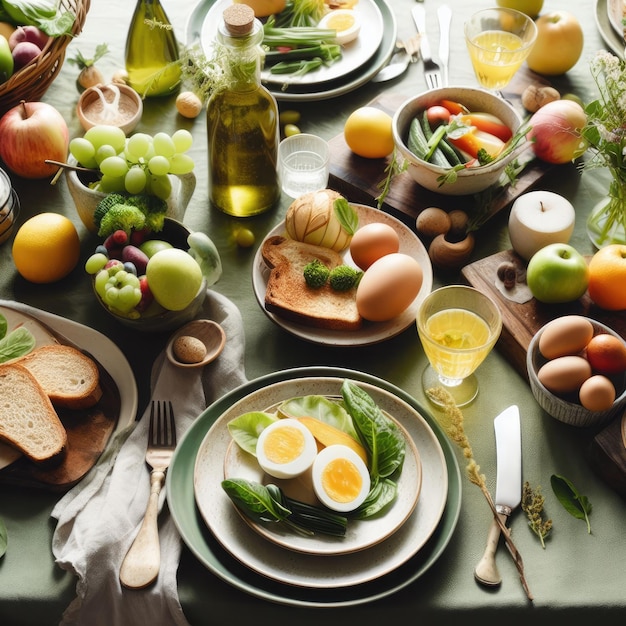 Una mesa con alimentos de granja a mesa, productos frescos e ingredientes de origen local