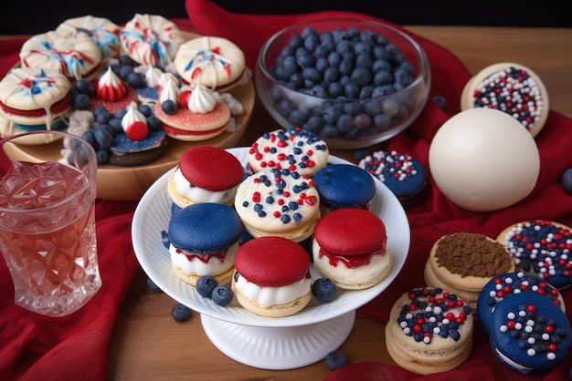 Una mesa con alimentos rojos, blancos y azules, incluido un postre.