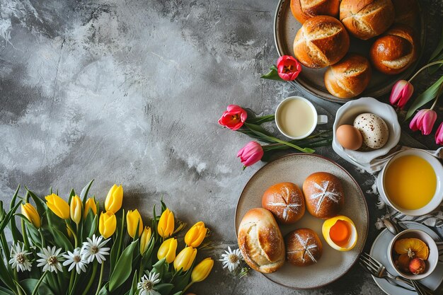 Mesa de almuerzo de Pascua con huevos decorados y tulipanes