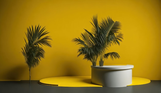 Una mesa amarilla con una planta encima y un fondo amarillo.