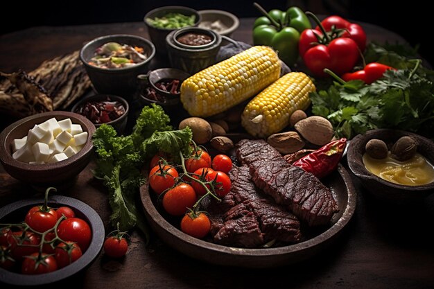 Mesa de ángulo alto llena de deliciosos arreglos de comida