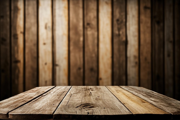 Mesa antigua frente a una hermosa pared de madera antigua en el fondo lista para exhibir el producto