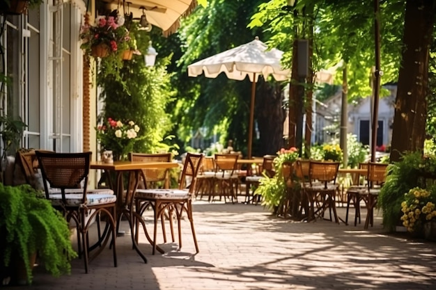 Foto mesa ao ar livre de café e restaurante terraço de verão na rua da cidade mesas ao ar livre vazias